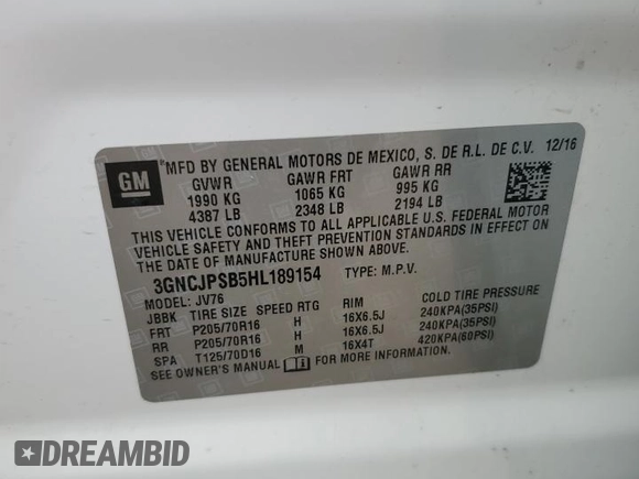 2017 Chevrolet Trax LT with VIN 3GNCJPSB5HL189154, listed as a Copart auction lot 51860095 with 83,732 mi miles and Salvage Title. Bid and sale history available at DreamBid. Image 14.