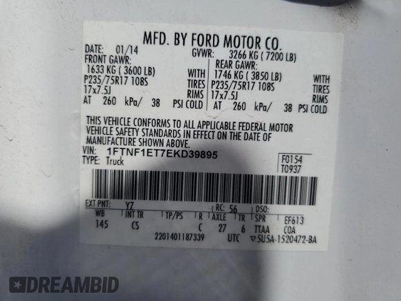 2014 Ford F-150 XL with VIN 1FTNF1ET7EKD39895, listed as a Copart auction lot 73953064 with 271,226 mi miles and Salvage title. Bid and sale history available at DreamBid. Image 12.
