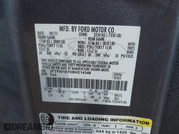2011 Ford F-150 XL с VIN 1FTFW1EF0BKE14348, выставлен на аукционе IAAI как лот 42262047 с пробегом 213 031 миль миль и . История ставок и продаж доступна на DreamBid. Изображение 9.
