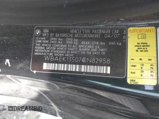2007 BMW 6 Series 650i z VIN WBAEK13507CN82958, wystawiony jako IAAI lot #42066620 z przebiegiem 140 866 mil mil oraz . Historia ofert i sprzedaży dostępna na DreamBid. Obrazek 9.
