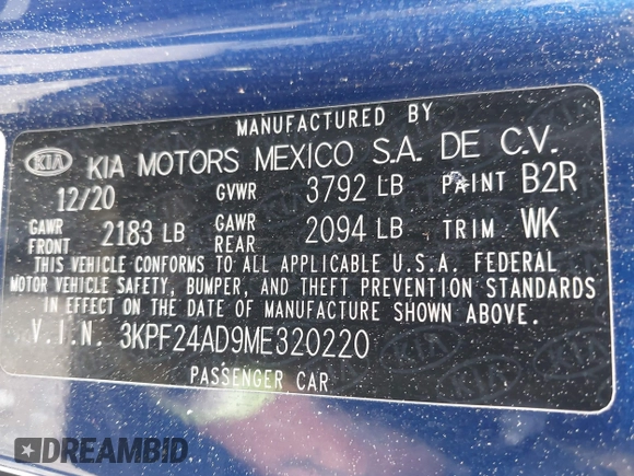 2021 Kia Forte LXS с VIN 3KPF24AD9ME320220, выставлен на аукционе IAAI как лот 42066789 с пробегом 72 503 миль миль и . История ставок и продаж доступна на DreamBid. Изображение 9.