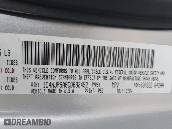 2012 Jeep Patriot Sport with VIN 1C4NJPBA6CD632452, listed as a IAAI auction lot 41833265 with 218,320 mi miles and . Bid and sale history available at DreamBid. Image 9.