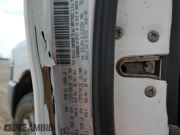 2020 Ram 2500 Tradesman with VIN 3C6UR5HJ2LG121234, listed as a Copart auction lot 57287575 with 52,070 mi miles and Salvage title. Bid and sale history available at DreamBid. Image 13.
