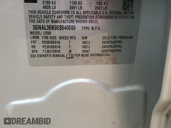 2014 Chevrolet Captiva Sport LT with VIN 3GNAL3EK9ES640609, listed as a Copart auction lot 74691734 with 150,482 mi miles and Salvage Title. Bid and sale history available at DreamBid. Image 13.