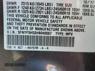 2017 Honda Pilot EX-L с VIN 5FNYF5H53HB040567, выставлен на аукционе Copart как лот 50331105 с пробегом Не указан миль и Списание • Salvage title. История ставок и продаж доступна на DreamBid. Изображение 13.