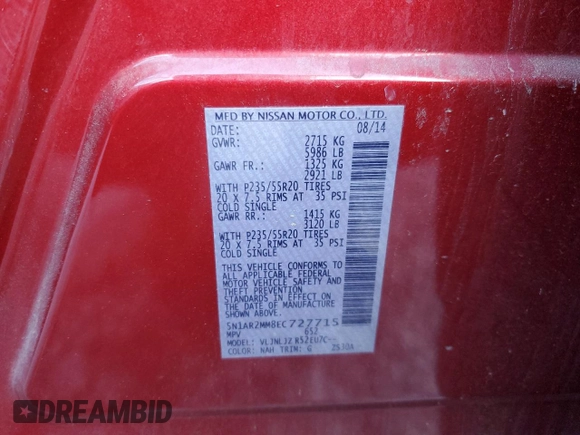 2014 Nissan Pathfinder Platinum with VIN 5N1AR2MM8EC727715, listed as a Copart auction lot 48992395 with 165,048 mi miles and Salvage title. Bid and sale history available at DreamBid. Image 15.