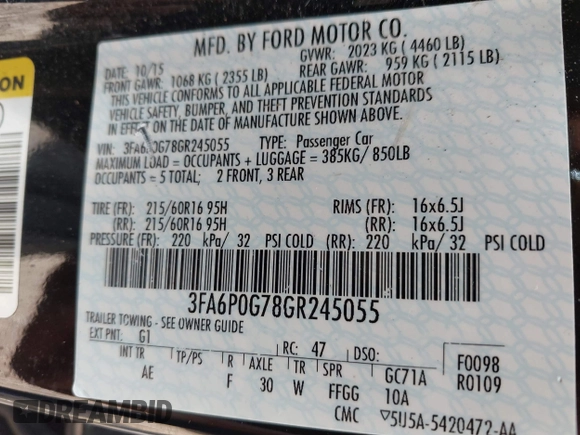 2016 Ford Fusion S z VIN 3FA6P0G78GR245055, wystawiony jako IAAI lot #42399174 z przebiegiem 132 674 mil mil oraz . Historia ofert i sprzedaży dostępna na DreamBid. Obrazek 9.
