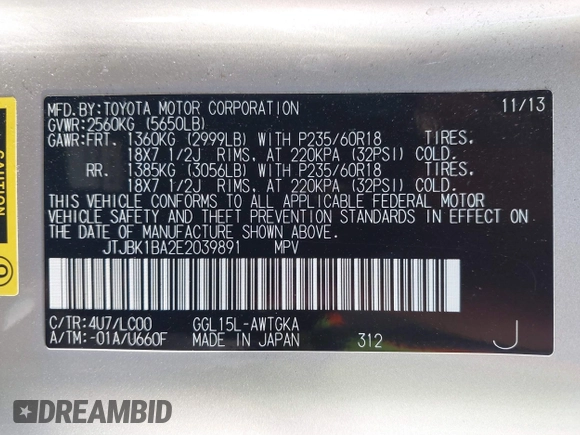 2014 Lexus RX 350 with VIN JTJBK1BA2E2039891, listed as a IAAI auction lot 41758819 with 139,776 mi miles and . Bid and sale history available at DreamBid. Image 9.