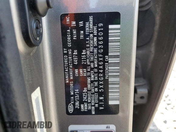 2015 Kia Optima SX Turbo with VIN 5XXGR4A6XFG366019, listed as a Copart auction lot 58149835 with 119,565 mi miles and Clean title. Bid and sale history available at DreamBid. Image 12.