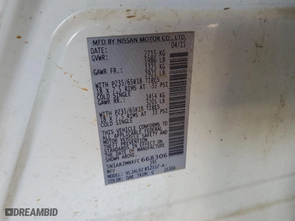 2015 Nissan Pathfinder S with VIN 5N1AR2MNXFC668306, listed as a Copart auction lot 77457534 with 232,610 mi miles and Salvage Title. Bid and sale history available at carsss.com. Image 15.