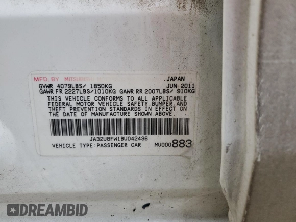 2011 Mitsubishi Lancer GTS with VIN JA32U8FW1BU042436, listed as a Copart auction lot 44769945 with 0 mi miles and Salvage Title. Bid and sale history available at carsss.com. Image 12.