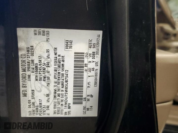 2005 Ford Explorer Limited z VIN 1FMDU75W85UB75412, wystawiony jako Copart lot #85510414 z przebiegiem 215 574 mil mil oraz Szkoda całkowita • Salvage title. Historia ofert i sprzedaży dostępna na DreamBid. Obrazek 13.