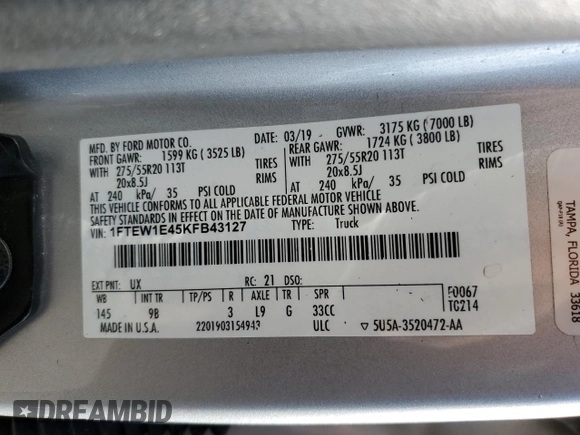 2019 Ford F-150 XL with VIN 1FTEW1E45KFB43127, listed as a Copart auction lot 50134345 with 194,396 mi miles and Salvage Title. Bid and sale history available at DreamBid. Image 12.