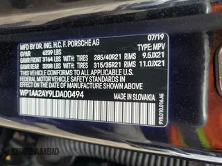2020 Porsche Cayenne with VIN WP1AA2AY9LDA00494, listed as a Copart auction lot 61024435 with 58,846 mi miles and Salvage title. Bid and sale history available at DreamBid. Image 13.