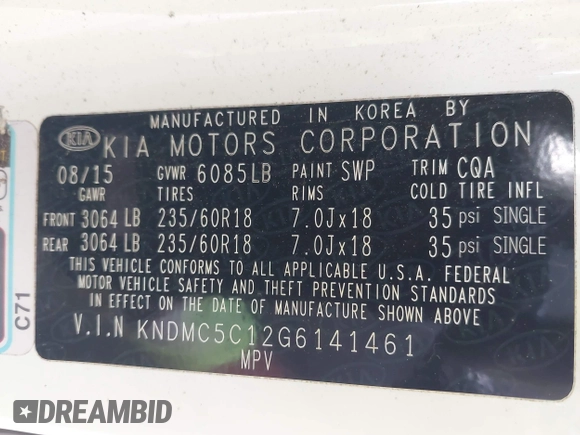 2016 Kia Sedona SX with VIN KNDMC5C12G6141461, listed as a IAAI auction lot 42200862 with 183,859 mi miles and . Bid and sale history available at carsss.com. Image 9.