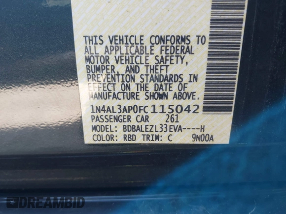 2015 Nissan Altima 2.5 SV with VIN 1N4AL3AP0FC115042, listed as a IAAI auction lot 41935591 with 129,556 mi miles. Bid and sale history available at carsss.com. Image 9.