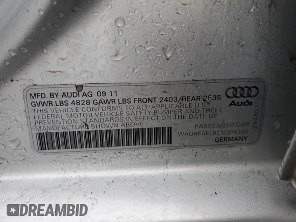 2012 Audi A4 Premium Plus с VIN WAUHFAFL8CN009705, выставлен на аукционе Copart как лот 50397665 с пробегом 119 248 миль миль и Списание • Salvage title. История ставок и продаж доступна на DreamBid. Изображение 12.