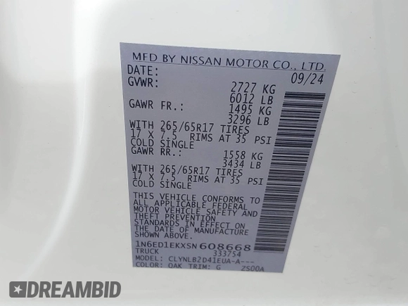 2025 Nissan Frontier S with VIN 1N6ED1EKXSN608668, listed as a IAAI auction lot 41909095 with 41 mi miles and . Bid and sale history available at DreamBid. Image 9.