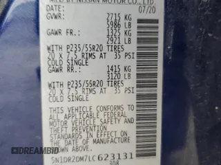 2020 Nissan Pathfinder Platinum with VIN 5N1DR2DM7LC623131, listed as a Copart auction lot 52731565 with 75,779 mi miles and Salvage title. Bid and sale history available at DreamBid. Image 13.