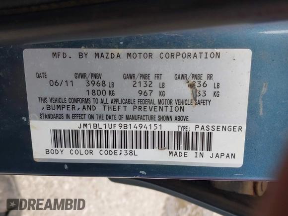 2011 Mazda Mazda3 i Sport with VIN JM1BL1UF9B1494151, listed as a IAAI auction lot 42135686 with 280,999 mi miles. Bid and sale history available at carsss.com. Image 9.