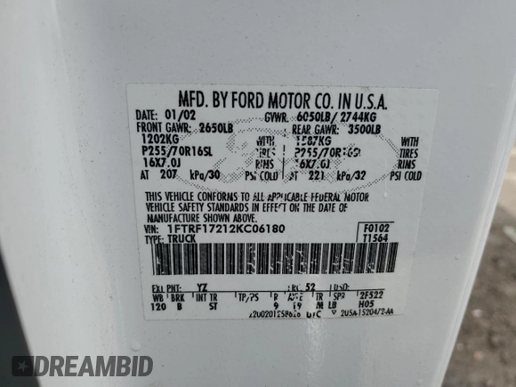 2002 Ford F-150 XL with VIN 1FTRF17212KC06180, listed as a Copart auction lot 45336625 with 214,139 mi miles and Salvage title. Bid and sale history available at DreamBid. Image 13.