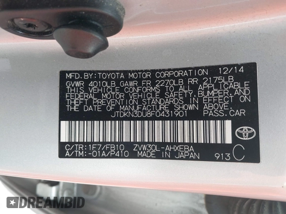 2015 Toyota Prius Four with VIN JTDKN3DU8F0431901, listed as a IAAI auction lot 41718402 with 130,169 mi miles. Bid and sale history available at carsss.com. Image 9.
