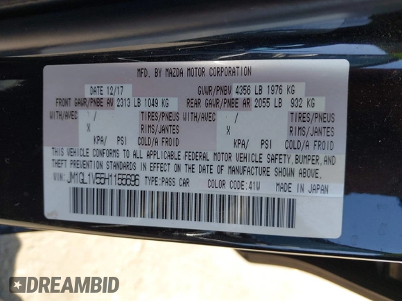 2017 Mazda Mazda6 Touring with VIN JM1GL1V55H1155696, listed as a IAAI auction lot 42003172 with 95,300 mi miles. Bid and sale history available at carsss.com. Image 9.