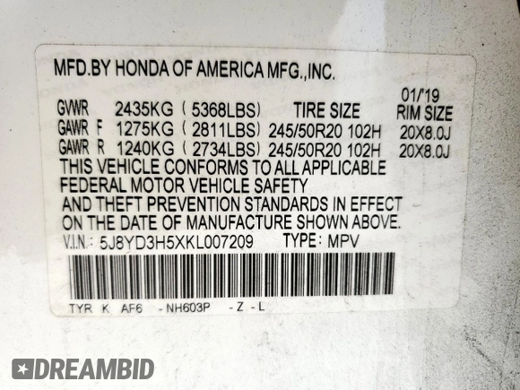 2019 Acura MDX Technology with VIN 5J8YD3H5XKL007209, listed as a Copart auction lot 61122255 with 101,749 mi miles and Salvage title. Bid and sale history available at DreamBid. Image 13.