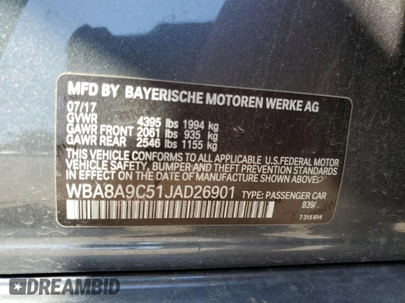 2018 BMW 3 Series 320i with VIN WBA8A9C51JAD26901, listed as a Copart auction lot 52609285 with 36,344 mi miles and Salvage Title. Bid and sale history available at carsss.com. Image 13.