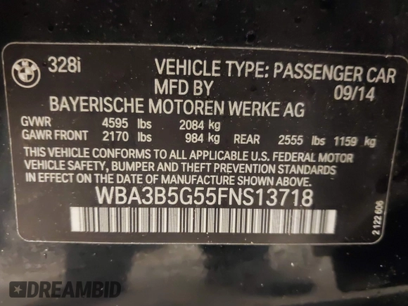 2015 BMW 3 Series 328i xDrive с VIN WBA3B5G55FNS13718, выставлен на аукционе IAAI как лот 42264153 с пробегом 180 428 миль миль и . История ставок и продаж доступна на DreamBid. Изображение 9.