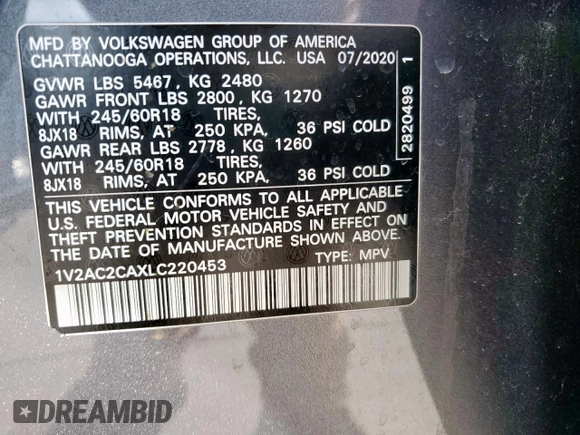2020 Volkswagen Atlas S with VIN 1V2AC2CAXLC220453, listed as a Copart auction lot 52921805 with 28,237 mi miles and Clean title. Bid and sale history available at DreamBid. Image 14.