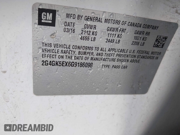 2016 Buick Regal with VIN 2G4GK5EX6G9186098, listed as a IAAI auction lot 42277988 with 90,511 mi miles and . Bid and sale history available at DreamBid. Image 9.