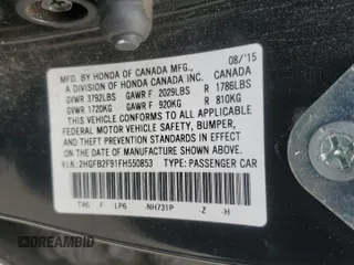 2015 Honda Civic EX-L with VIN 2HGFB2F91FH550853, listed as a Copart auction lot 51111585 with 176,151 mi miles and Salvage Title. Bid and sale history available at DreamBid. Image 13.