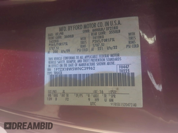 1998 Ford F-150 with VIN 1FTZX18W5WNC39962, listed as a IAAI auction lot 41951328 with 228,438 mi miles and . Bid and sale history available at DreamBid. Image 9.