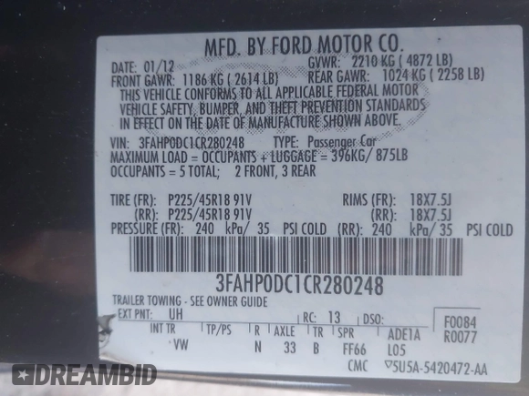 2012 Ford Fusion SPORT with VIN 3FAHP0DC1CR280248, listed as a IAAI auction lot 41254985 with 113,809 mi miles. Bid and sale history available at carsss.com. Image 9.