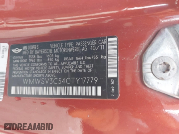 2012 MINI Hardtop S with VIN WMWSV3C54CTY17779, listed as a IAAI auction lot 42121487 with 134,176 mi miles and . Bid and sale history available at DreamBid. Image 9.