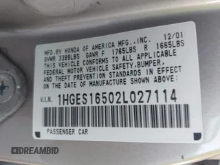 2002 Honda Civic LX with VIN 1HGES16502L027114, listed as a IAAI auction lot 42189609 with 200,417 mi miles and . Bid and sale history available at DreamBid. Image 9.