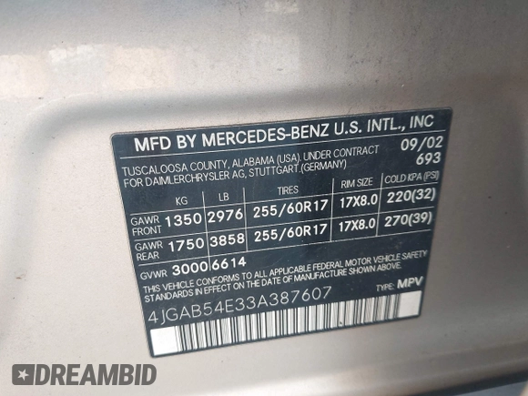 2003 Mercedes-Benz M 320 with VIN 4JGAB54E33A387607, listed as a IAAI auction lot 42655574 with 206,460 mi miles and . Bid and sale history available at DreamBid. Image 9.