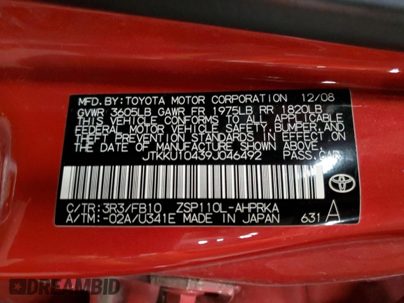 2009 Scion xD with VIN JTKKU10439J046492, listed as a Copart auction lot 52530105 with 0 mi miles and Salvage Title. Bid and sale history available at carsss.com. Image 13.