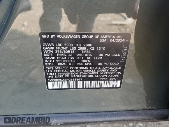 2024 Volkswagen Atlas Peak Edition SEL z VIN 1V2GR2CA8RC583867, wystawiony jako Copart lot #55641005 z przebiegiem 5 798 mil mil oraz Szkoda całkowita • Salvage title. Historia ofert i sprzedaży dostępna na DreamBid. Obrazek 13.