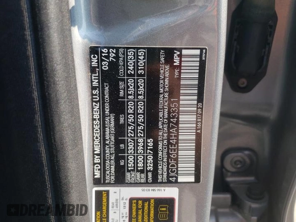 2017 Mercedes-Benz GLS 450 with VIN 4JGDF6EE4HA743351, listed as a Copart auction lot 66162194 with 74,478 mi miles and Salvage Title. Bid and sale history available at DreamBid. Image 13.