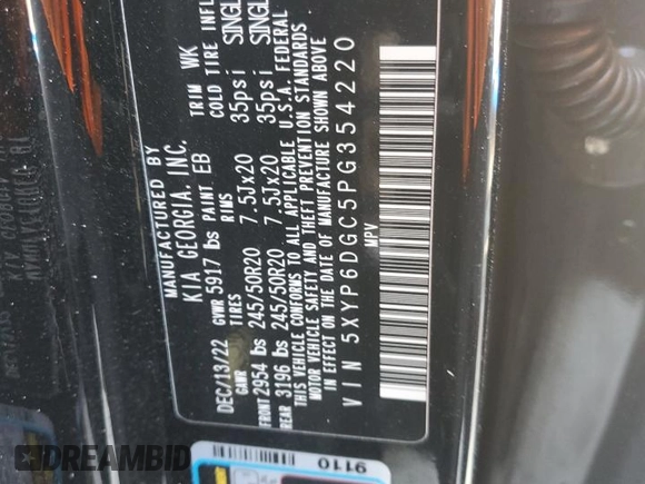 2023 Kia Telluride S with VIN 5XYP6DGC5PG354220, listed as a Copart auction lot 49567635 with 25,571 mi miles and Salvage Title. Bid and sale history available at DreamBid. Image 14.