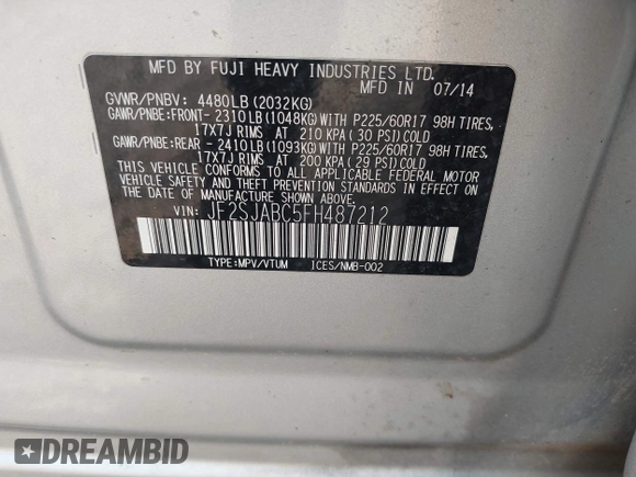 2015 Subaru Forester 2.5i with VIN JF2SJABC5FH487212, listed as a IAAI auction lot 42006703 with 143,895 mi miles and . Bid and sale history available at DreamBid. Image 9.