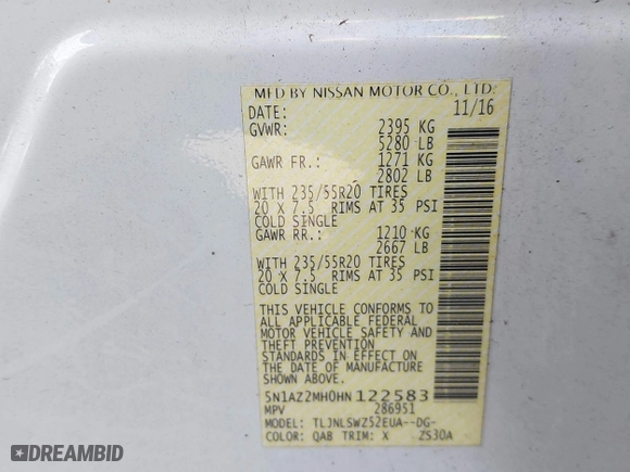 2017 Nissan Murano SL with VIN 5N1AZ2MH0HN122583, listed as a IAAI auction lot 42053788 with 56,281 mi miles. Bid and sale history available at carsss.com. Image 9.