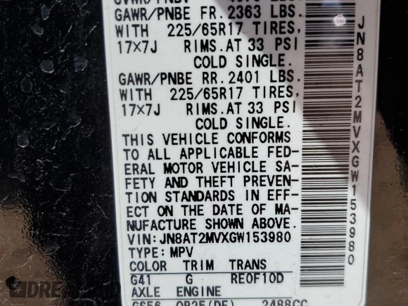 2016 Nissan Rogue S with VIN JN8AT2MVXGW153980, listed as a Copart auction lot 53069025 with 152,680 mi miles and Salvage Title. Bid and sale history available at DreamBid. Image 14.