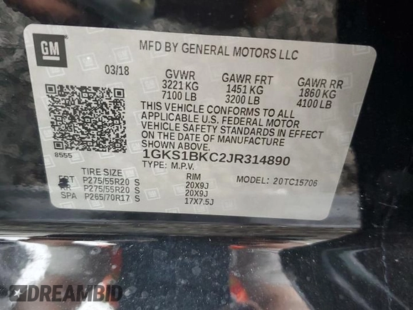 2018 GMC Yukon SLT with VIN 1GKS1BKC2JR314890, listed as a Copart auction lot 71433654 with 95,863 mi miles and Salvage Title. Bid and sale history available at DreamBid. Image 15.