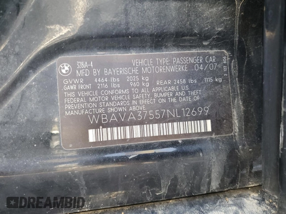 2007 BMW 3 Series 328i with VIN WBAVA37557NL12699, listed as a Copart auction lot 46258735 with 173,338 mi miles and Salvage title. Bid and sale history available at DreamBid. Image 14.