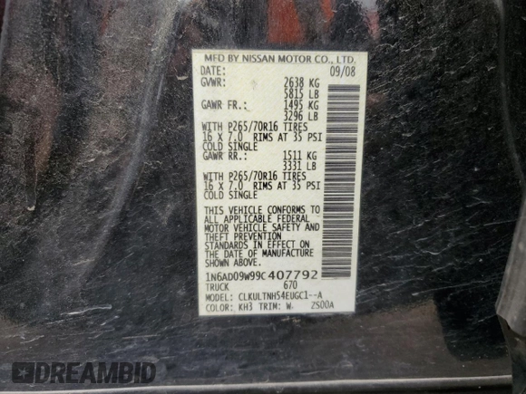 2009 Nissan Frontier SE z VIN 1N6AD09W99C407792, wystawiony jako Copart lot #69202484 z przebiegiem 176 625 mil mil oraz Szkoda całkowita • Salvage title. Historia ofert i sprzedaży dostępna na DreamBid. Obrazek 12.