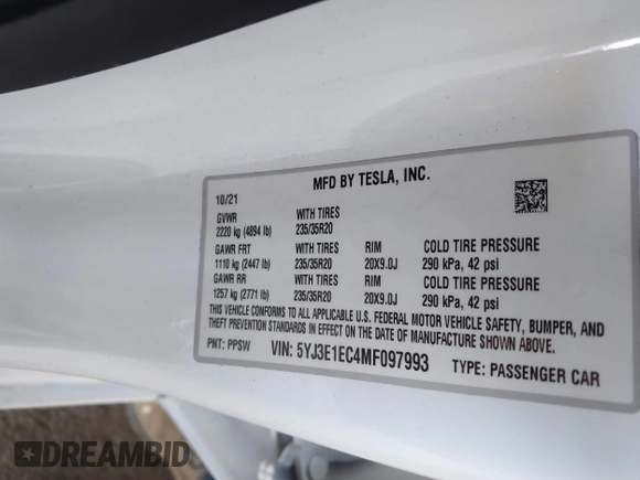 2021 Tesla Model 3 Performance with VIN 5YJ3E1EC4MF097993, listed as a IAAI auction lot 41366615 with 30,735 mi miles and . Bid and sale history available at DreamBid. Image 9.