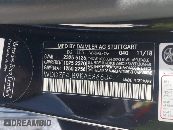 2019 Mercedes-Benz E-Class E 300 with VIN WDDZF4JB9KA586634, listed as a IAAI auction lot 41685266 with 97,296 mi miles. Bid and sale history available at carsss.com. Image 9.